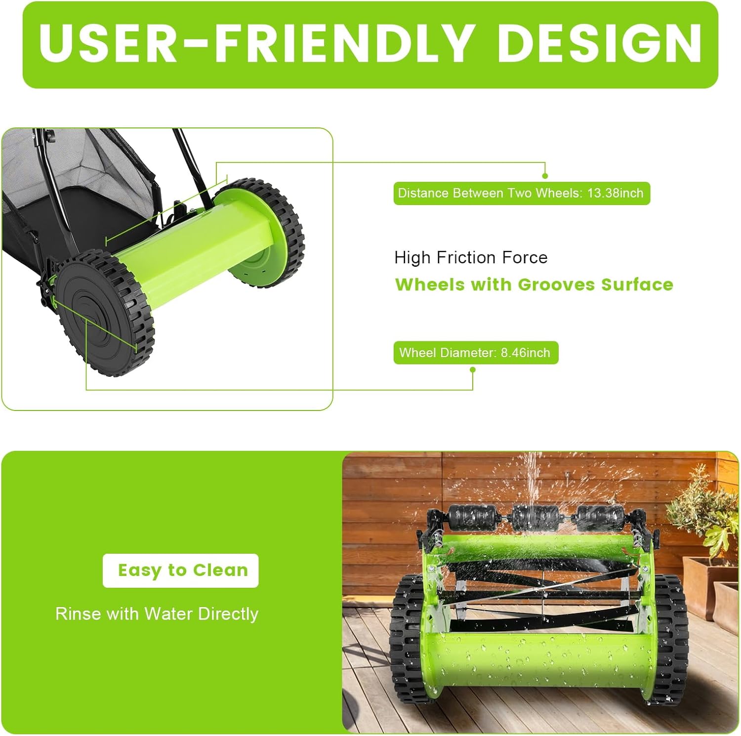12'' 5-Blade Manual Push Reel Mower Freestanding Hand Push Lawn Mower 2-in-1 Function Wheeled Lawn Mowers with Grass Catcher for Homes Park Landscaping Backyards