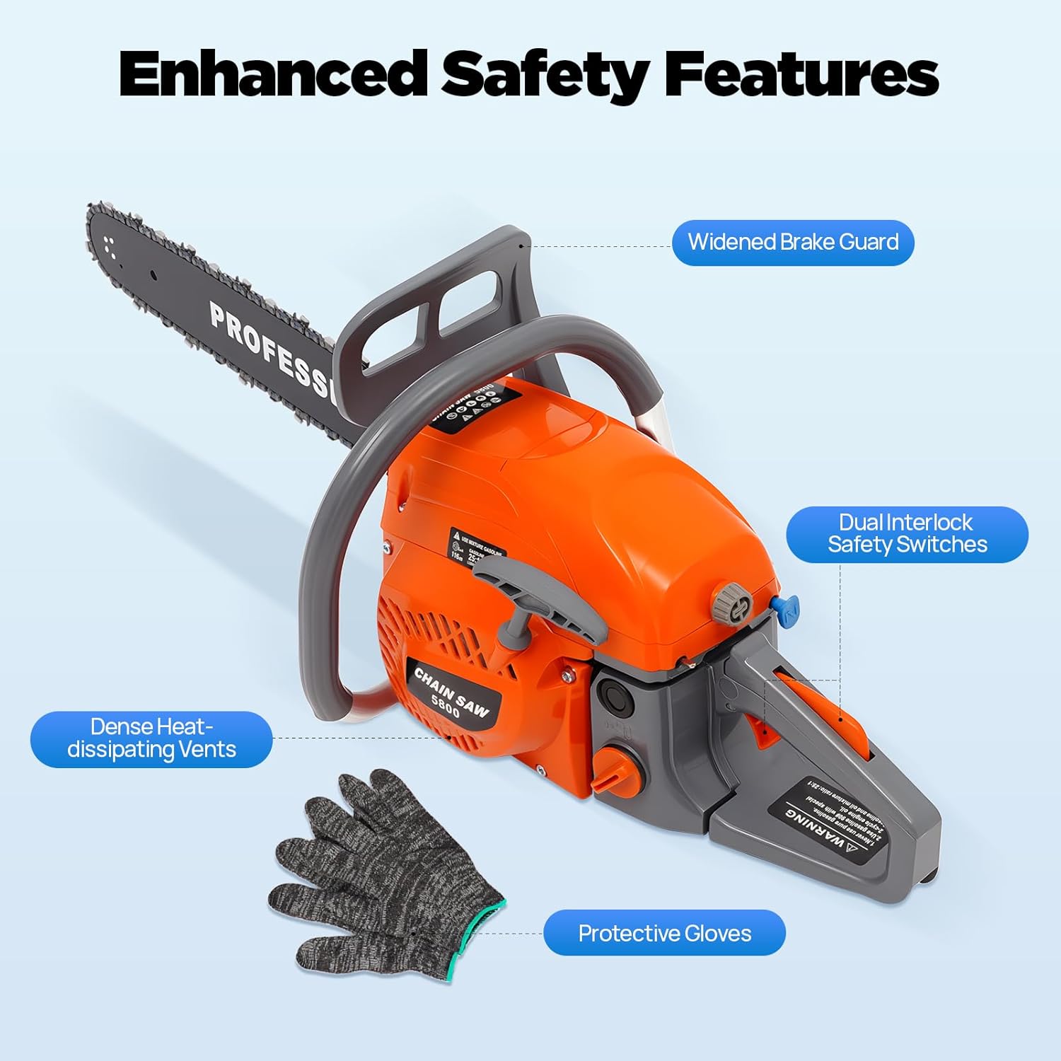 20 Inch Chainsaw Gas 58CC 2 Stroke Gas Powered Chain Saws Self-reset Pull Start Single Cylinder Handheld Gasoline Chain saw Air-cooled System for Cutting Wood Pruning Branches