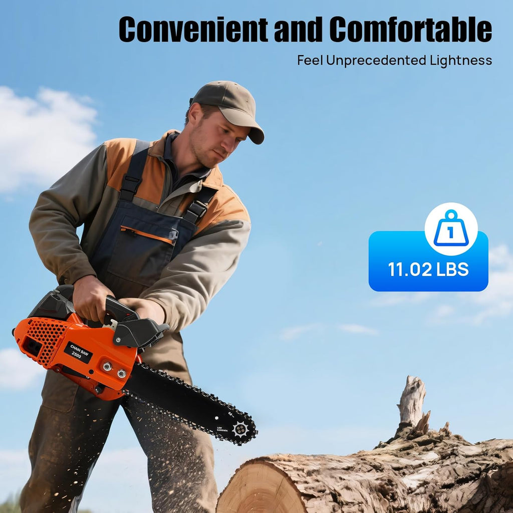 12 Inch Gasoline Chain Saw 25.4CC 1.22HP Gas Powered Chainsaw Manual Start 2 Stroke Handheld Gas Chain Saw Air-cooled for Forest Felling Tree Pruning Wood Cutting