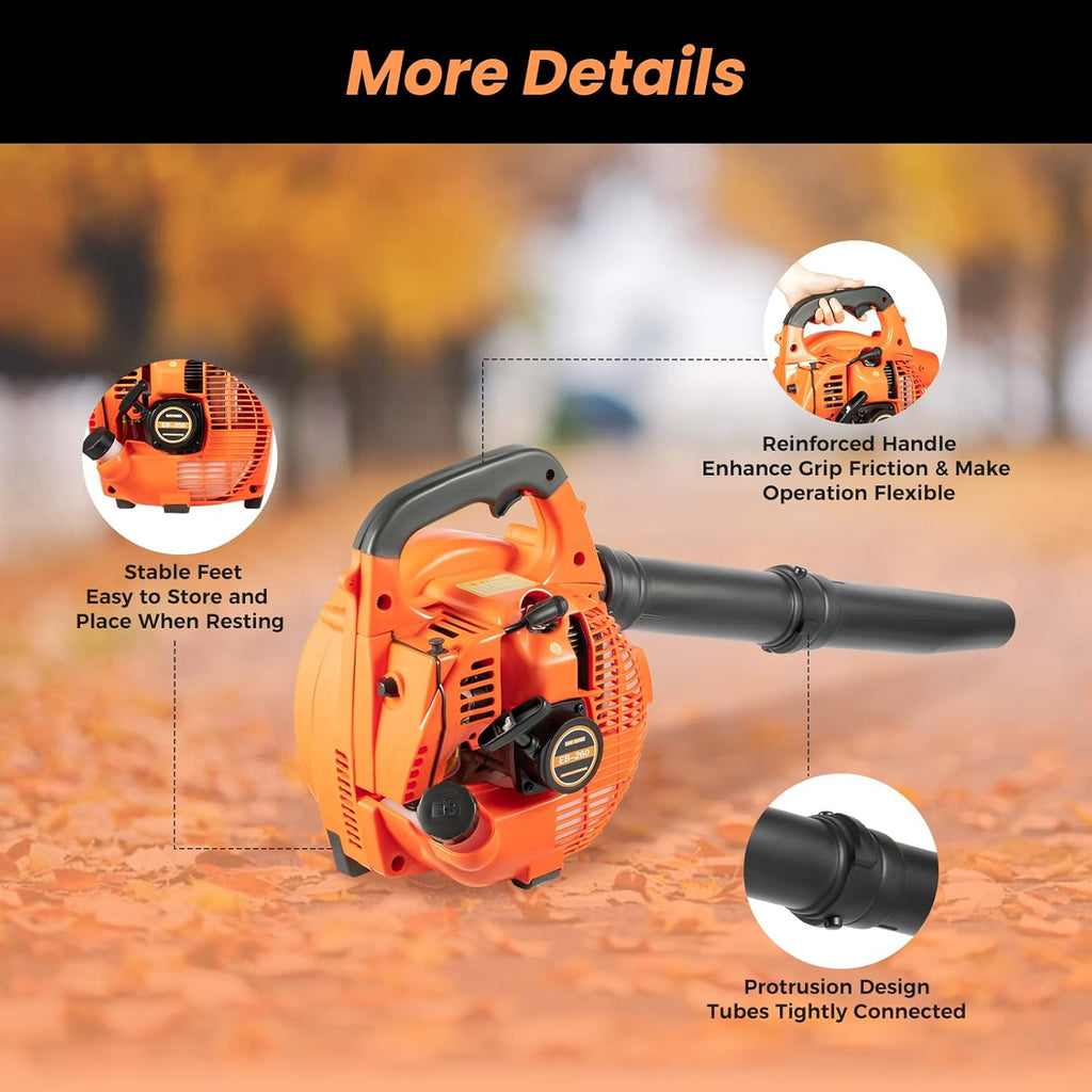 2 Stroke Engine Gas Leaf Blower Hand Pull Start Gas Blowers for Lawn Care 7000 RPM Electronic Ignition 25.6'' Handheld Gas Powered Leaf Blower for Snow Removal Road Crushed Stones Removal