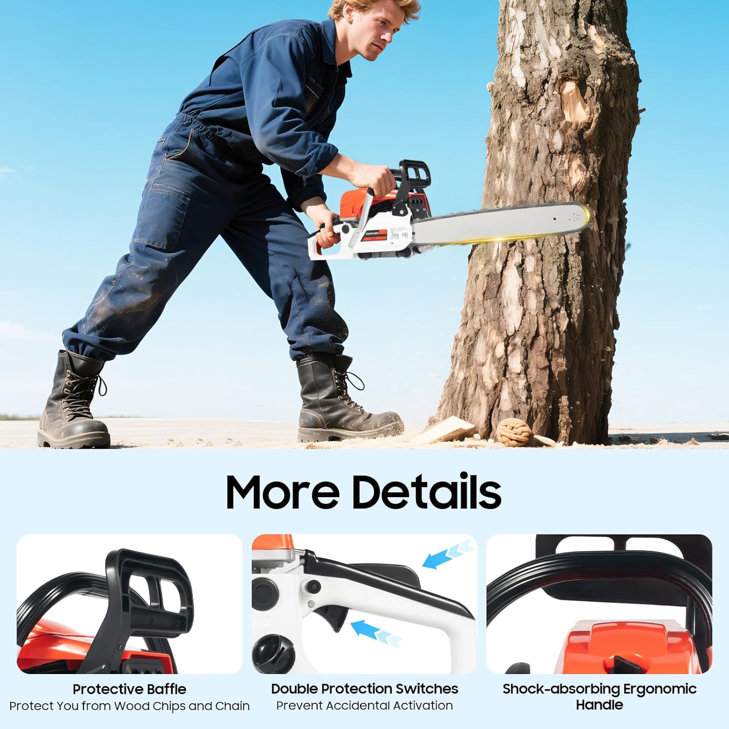 20 Inch Gas Powered Chain Saws 52CC Single Cylinder 2 Stroke Gasoline Chainsaw Self-reset Pull Start Handheld Gas Chainsaw Air-cooled for Forest Felling Tree Pruning Wood Cutting