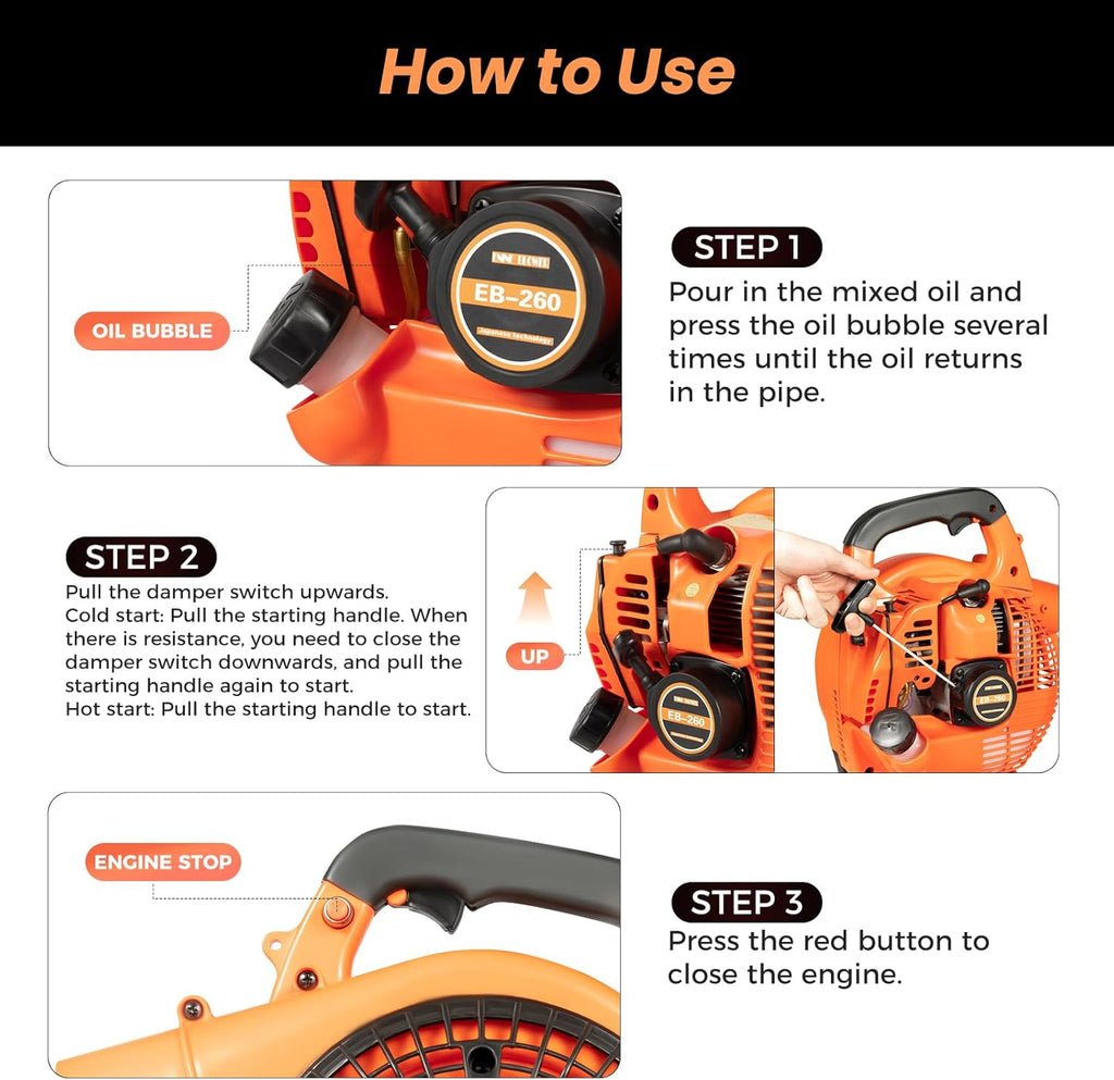 2 Stroke Engine Gas Leaf Blower Hand Pull Start Gas Blowers for Lawn Care 7000 RPM Electronic Ignition 25.6'' Handheld Gas Powered Leaf Blower for Snow Removal Road Crushed Stones Removal