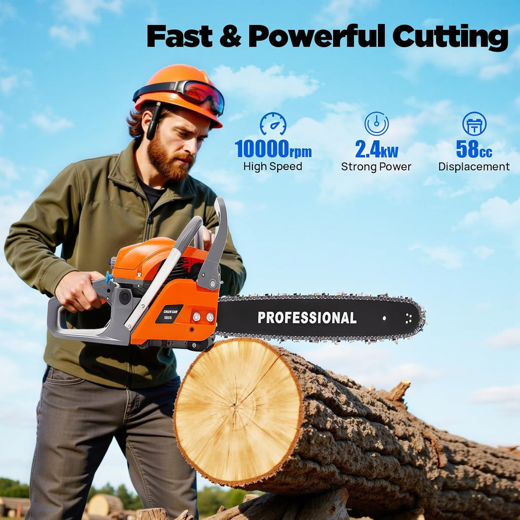 20 Inch Chainsaw Gas 58CC 2 Stroke Gas Powered Chain Saws Self-reset Pull Start Single Cylinder Handheld Gasoline Chain saw Air-cooled System for Cutting Wood Pruning Branches