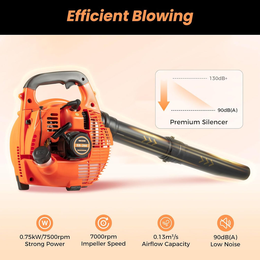 2 Stroke Engine Gas Leaf Blower Hand Pull Start Gas Blowers for Lawn Care 7000 RPM Electronic Ignition 25.6'' Handheld Gas Powered Leaf Blower for Snow Removal Road Crushed Stones Removal