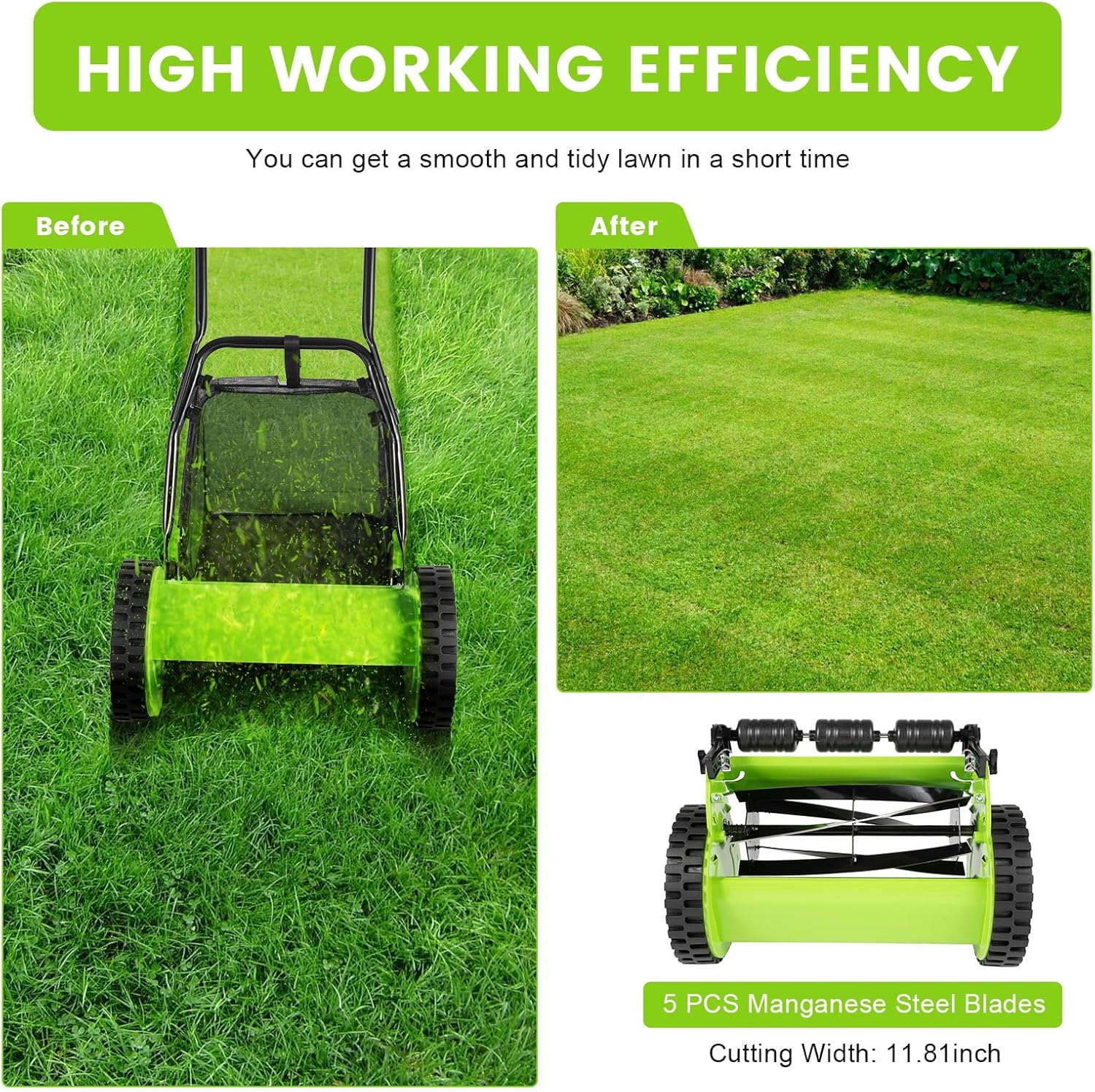 12'' 5-Blade Manual Push Reel Mower Freestanding Hand Push Lawn Mower 2-in-1 Function Wheeled Lawn Mowers with Grass Catcher for Homes Park Landscaping Backyards