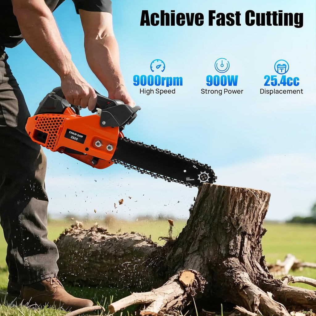 12 Inch Gasoline Chain Saw 25.4CC 1.22HP Gas Powered Chainsaw Manual Start 2 Stroke Handheld Gas Chain Saw Air-cooled for Forest Felling Tree Pruning Wood Cutting
