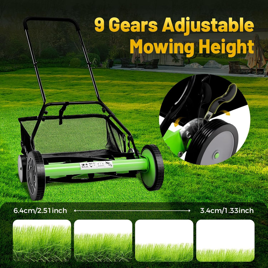 20'' 5-Blade Manual Push Reel Mower Freestanding Hand Push Lawn Mower 26.37 x 17.71in Wheeled Lawn Mowers with Grass Catcher for Homes Park Landscaping Backyards