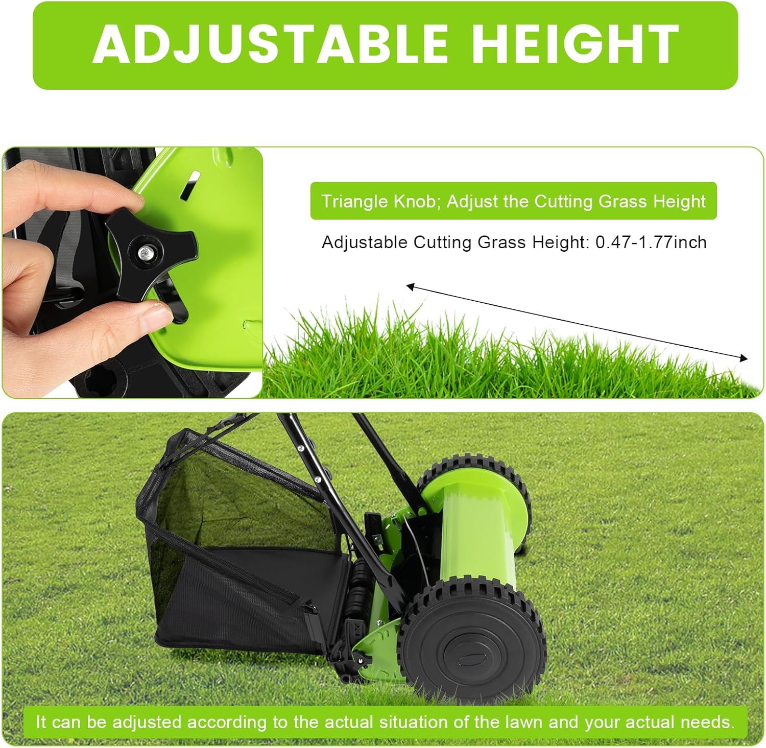 12'' 5-Blade Manual Push Reel Mower Freestanding Hand Push Lawn Mower 2-in-1 Function Wheeled Lawn Mowers with Grass Catcher for Homes Park Landscaping Backyards