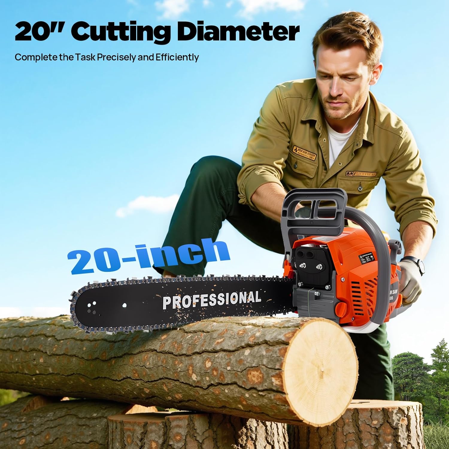 20 Inch Chainsaw Gas 58CC 2 Stroke Gas Powered Chain Saws Self-reset Pull Start Single Cylinder Handheld Gasoline Chain saw Air-cooled System for Cutting Wood Pruning Branches