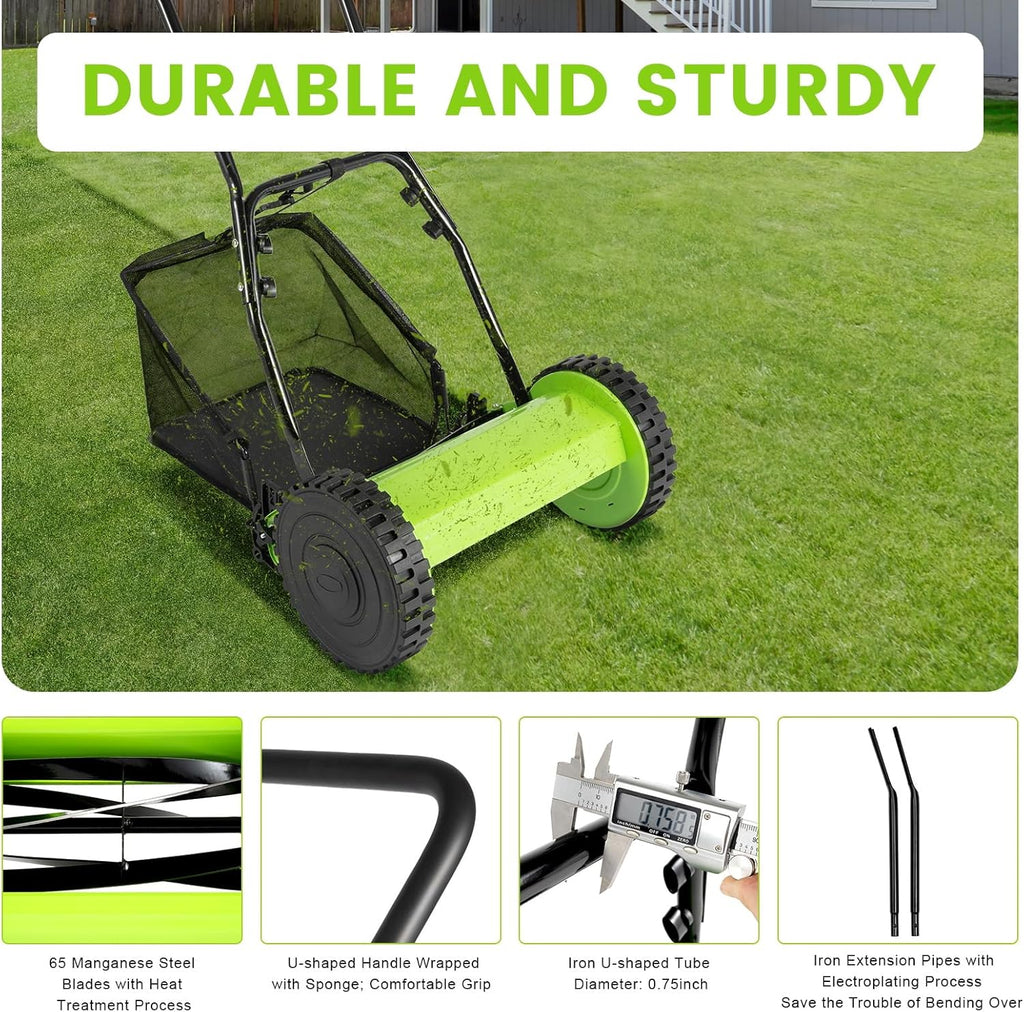 12'' 5-Blade Manual Push Reel Mower Freestanding Hand Push Lawn Mower 2-in-1 Function Wheeled Lawn Mowers with Grass Catcher for Homes Park Landscaping Backyards