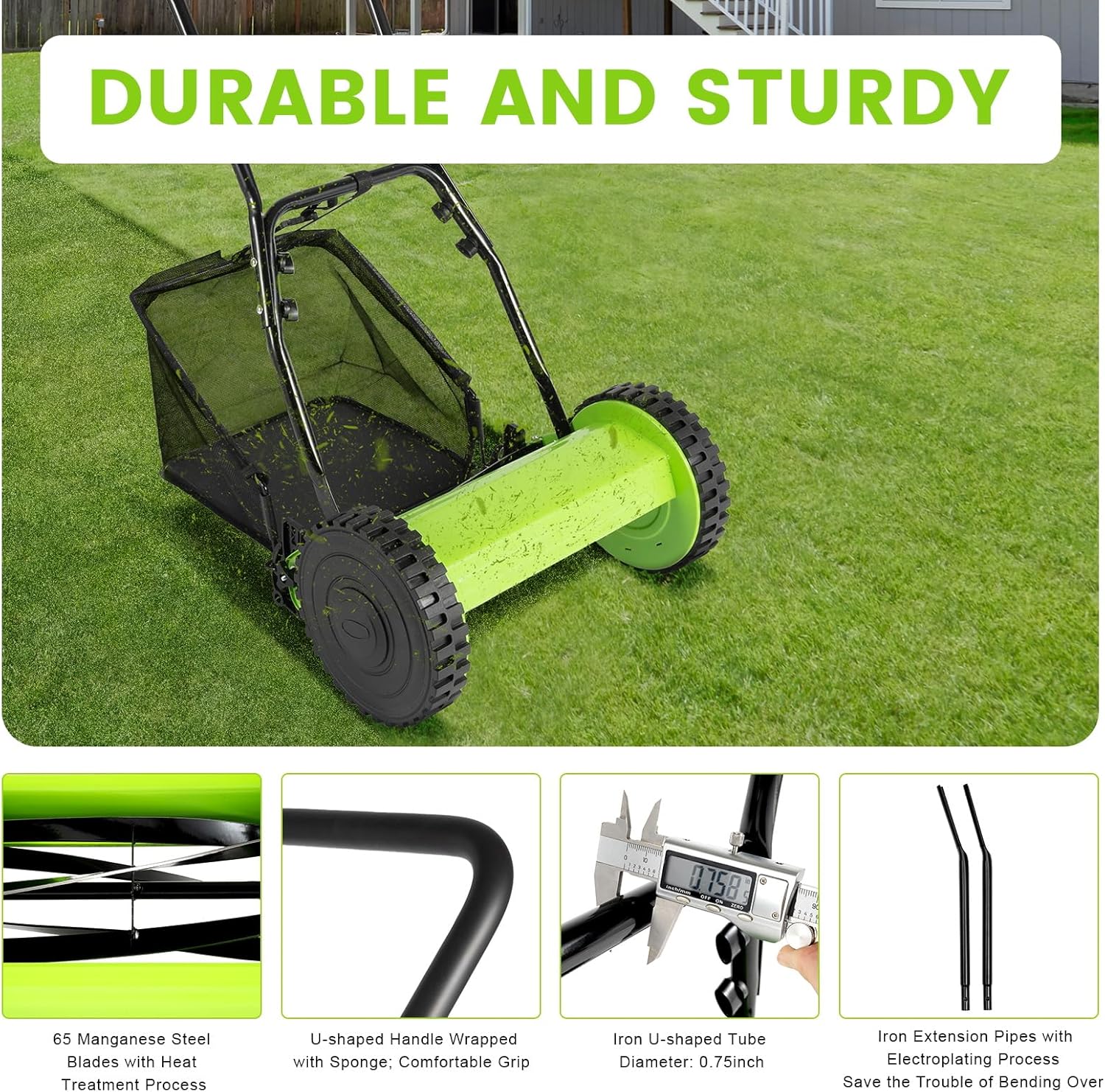 12'' 5-Blade Manual Push Reel Mower Freestanding Hand Push Lawn Mower 2-in-1 Function Wheeled Lawn Mowers with Grass Catcher for Homes Park Landscaping Backyards