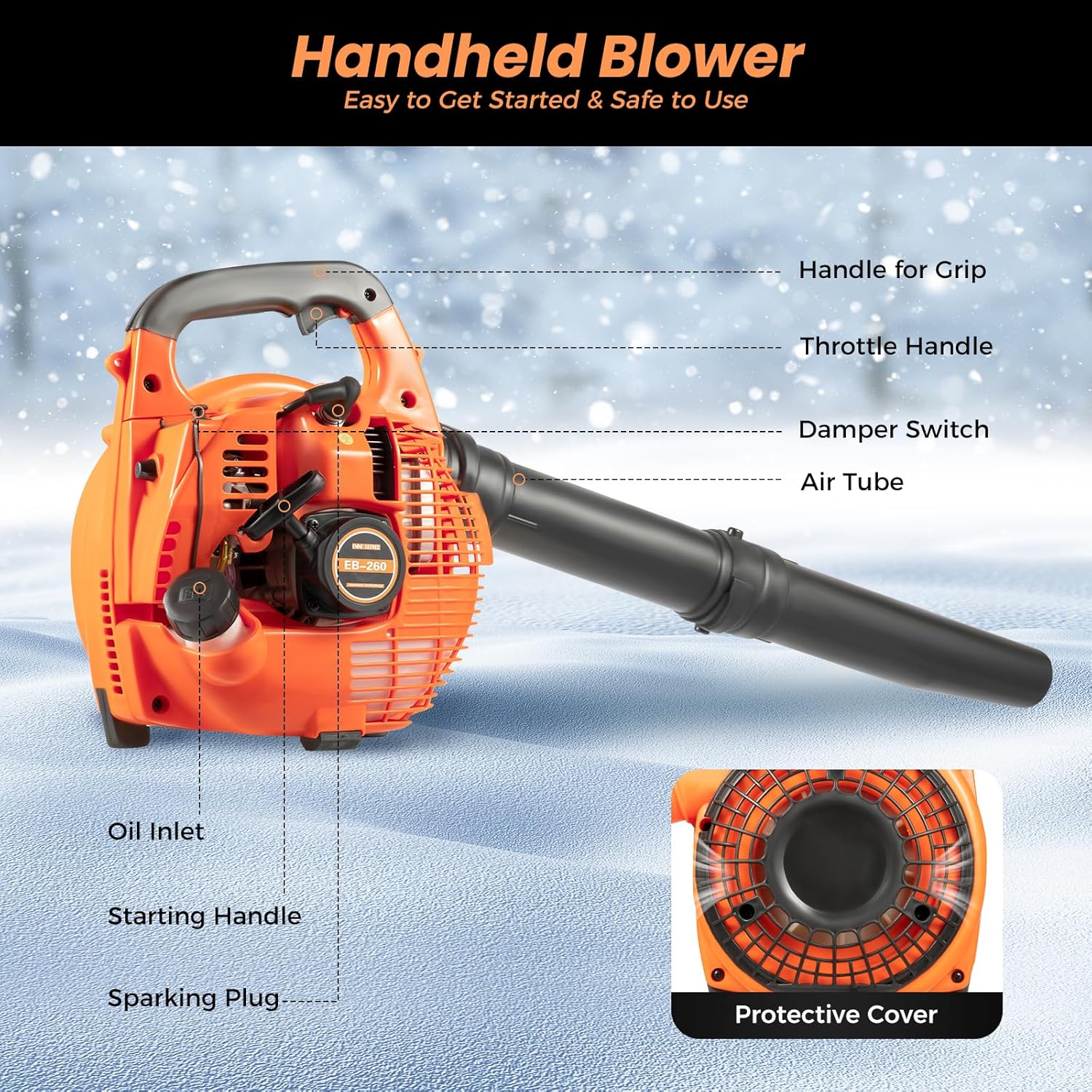 2 Stroke Engine Gas Leaf Blower Hand Pull Start Gas Blowers for Lawn Care 7000 RPM Electronic Ignition 25.6'' Handheld Gas Powered Leaf Blower for Snow Removal Road Crushed Stones Removal