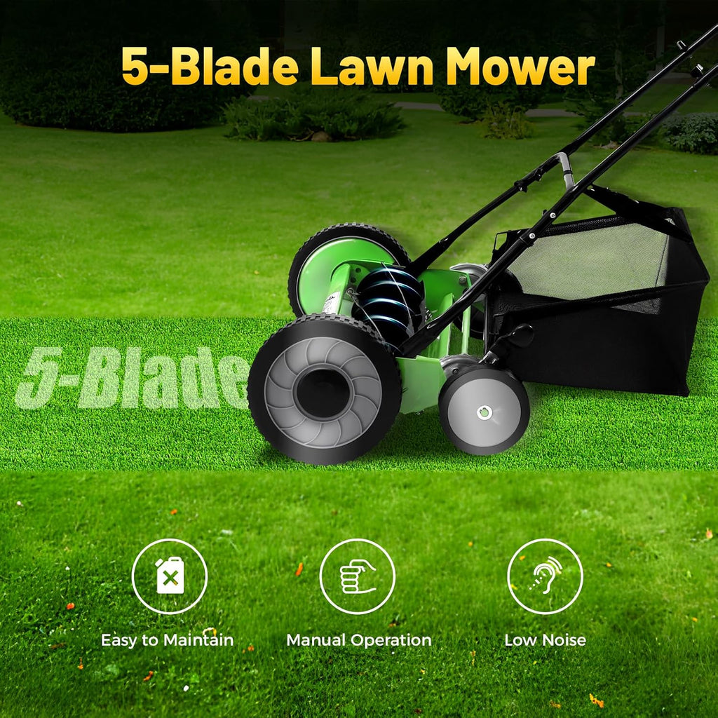 20'' 5-Blade Manual Push Reel Mower Freestanding Hand Push Lawn Mower 26.37 x 17.71in Wheeled Lawn Mowers with Grass Catcher for Homes Park Landscaping Backyards