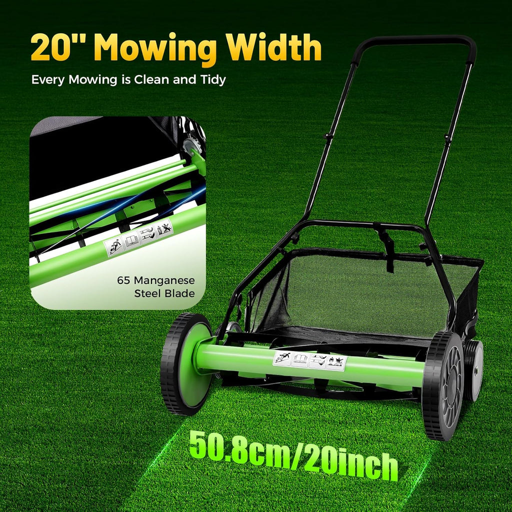 20'' 5-Blade Manual Push Reel Mower Freestanding Hand Push Lawn Mower 26.37 x 17.71in Wheeled Lawn Mowers with Grass Catcher for Homes Park Landscaping Backyards