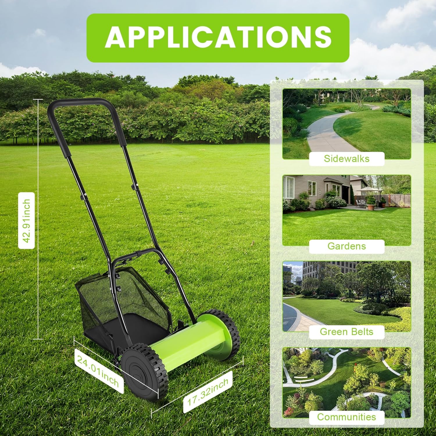 12'' 5-Blade Manual Push Reel Mower Freestanding Hand Push Lawn Mower 2-in-1 Function Wheeled Lawn Mowers with Grass Catcher for Homes Park Landscaping Backyards
