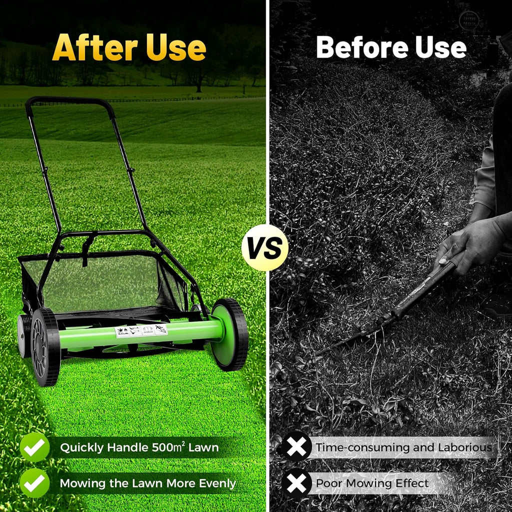 20'' 5-Blade Manual Push Reel Mower Freestanding Hand Push Lawn Mower 26.37 x 17.71in Wheeled Lawn Mowers with Grass Catcher for Homes Park Landscaping Backyards