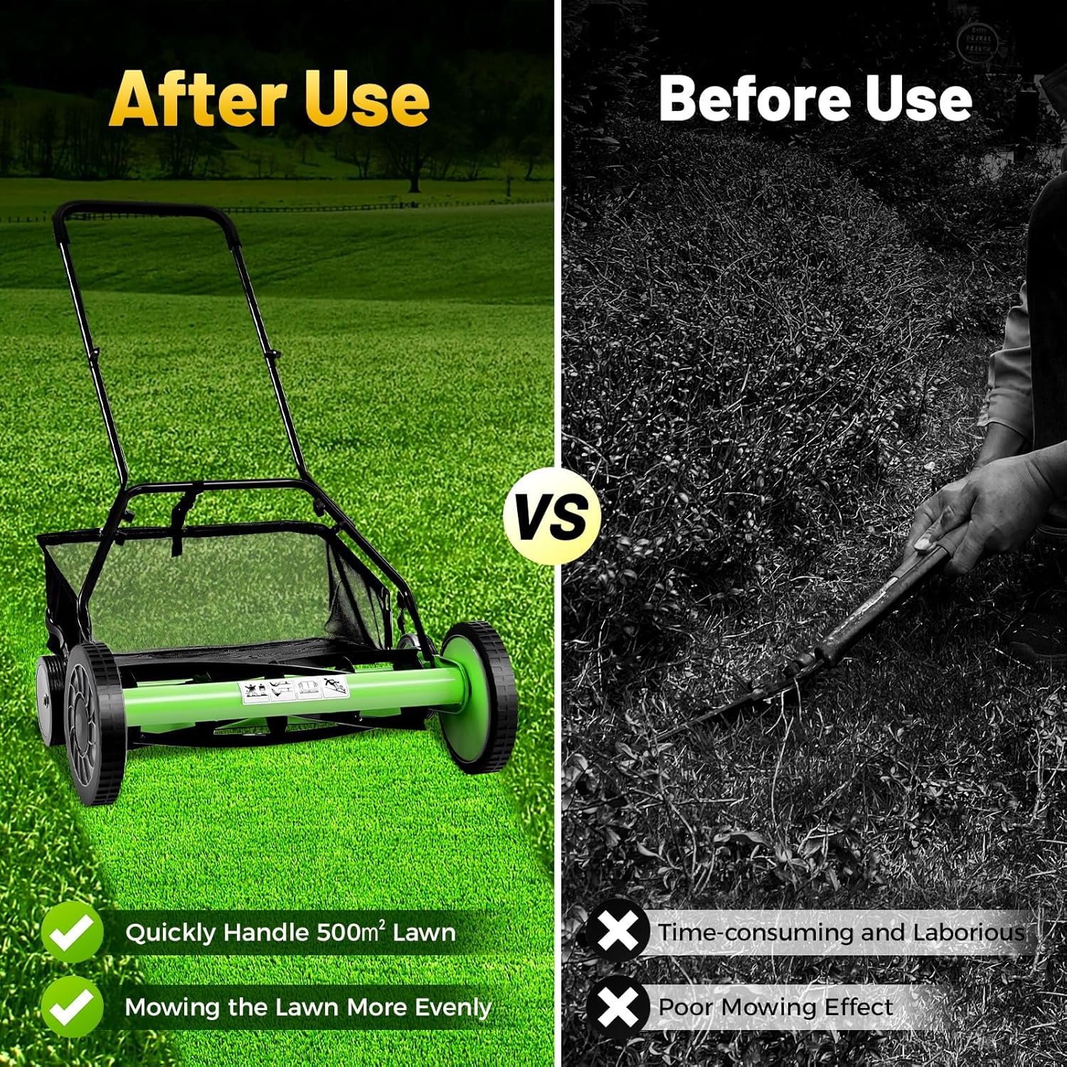 20'' 5-Blade Manual Push Reel Mower Freestanding Hand Push Lawn Mower 26.37 x 17.71in Wheeled Lawn Mowers with Grass Catcher for Homes Park Landscaping Backyards