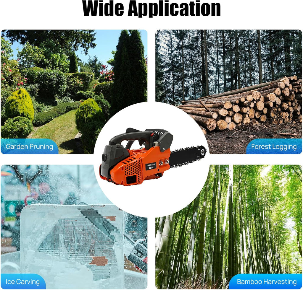 12 Inch Gasoline Chain Saw 25.4CC 1.22HP Gas Powered Chainsaw Manual Start 2 Stroke Handheld Gas Chain Saw Air-cooled for Forest Felling Tree Pruning Wood Cutting