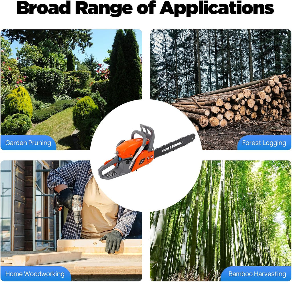 20 Inch Chainsaw Gas 58CC 2 Stroke Gas Powered Chain Saws Self-reset Pull Start Single Cylinder Handheld Gasoline Chain saw Air-cooled System for Cutting Wood Pruning Branches